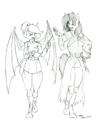 Size: 1100x1353 | Tagged: safe, artist:baron engel, oc, oc only, oc:grim fate, oc:selenite, species:anthro, species:bat pony, species:pony, species:unguligrade anthro, species:unicorn, bat wings, belt, black and white, clothing, crossover, duo, duo female, ear fluff, explicit source, female, grayscale, grimdark source, hair bun, height difference, hoof boots, horn, lightsaber, mare, military, military uniform, monochrome, pencil drawing, simple background, sketch, spread wings, star wars, traditional art, uniform, white background, wings