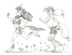 Size: 1500x1155 | Tagged: safe, artist:baron engel, character:applejack, character:autumn blaze, species:anthro, species:earth pony, species:kirin, species:unguligrade anthro, g4, abs, applejack's hat, belly button, black and white, clothing, cowboy hat, crop top, duo, duo female, explicit source, eyebrows, eyelashes, female, females only, freckles, grayscale, grimdark source, hat, horn, implied autumnjack, implied lesbian, implied shipping, leaves, leonine tail, looking back, mare, midriff, monochrome, pencil drawing, ponytail, running, running of the leaves, shipping, shorts, simple background, stetson, tail, tank top, traditional art, unshorn fetlocks, white background