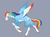 Size: 2724x2037 | Tagged: safe, artist:mikeyoohan, artist:psych0yamada, character:rainbow dash, species:pegasus, species:pony, g4, blaze (coat marking), coat markings, colored hooves, colored wings, female, gray background, hooves, looking back, mare, multicolored wings, profile, simple background, socks (coat marking), solo, spread wings, wings