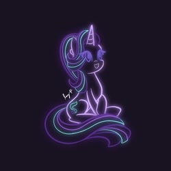 Size: 2048x2048 | Tagged: safe, artist:smstudios_2, character:starlight glimmer, species:pony, species:unicorn, g4, black background, eye clipping through hair, female, high res, mare, neon, open mouth, signature, simple background, sitting, solo