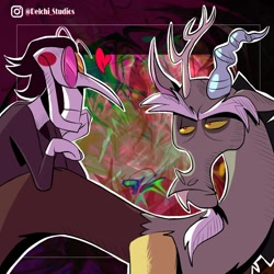 Size: 1080x1080 | Tagged: safe, artist:naquelinedelch2, character:discord, species:draconequus, g4, abstract background, antlers, clothing, crossover, deltarune, discord is not amused, duo, heart, instagram, long nose, male, nose, one sided shipping, outline, signature, spamton, spanish description, suit, unamused, white outline