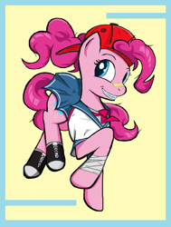 Size: 844x1116 | Tagged: safe, artist:sallycars, character:pinkie pie, species:earth pony, species:pony, g4, abstract background, backwards ballcap, bandage, bandaid, baseball cap, blouse, braces, cap, clothing, converse, digital art, eyebrows, grin, hat, looking at you, ms paint, pinkie pie day, ponytail, raised hoof, sailor uniform, school uniform, shirt, shoes, simple background, skirt, smiling, sneakers, solo, three quarter view, uniform, yellow background