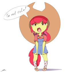 Size: 2800x3000 | Tagged: safe, artist:skitsroom, character:apple bloom, species:human, g4, my little pony:equestria girls, adorabloom, apple family member, blatant lies, clothing, cowboy hat, cute, dialogue, eye clipping through hair, eyebrows, eyebrows visible through hair, hat, high res, humanized, i'm not cute, open mouth, oversized hat, sandals, shoes, signature, simple background, socks, socks with sandals, solo, species swap, speech bubble, stetson, tail, tailed humanization, text, weapons-grade cute, white background
