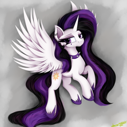 Size: 4000x4000 | Tagged: safe, artist:ser-p, character:princess celestia, species:pony, episode:between dark and dawn, g4, my little pony: friendship is magic, season 9, absurd resolution, alternate hairstyle, choker, clothing, colored eyebrows, eyebrows, female, flying, hoof shoes, jewelry, lidded eyes, looking at you, mare, necklace, punklestia, shoes, solo, spiked choker, spread wings, three quarter view, wings