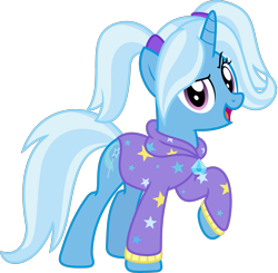 Size: 1699x1665 | Tagged: safe, artist:sketchmcreations, gameloft, character:trixie, species:pony, species:unicorn, g4, alternate hairstyle, babysitter trixie, clothing, digital art, female, gameloft interpretation, hoodie, looking at you, mare, open mouth, open smile, pigtails, raised eyebrow, raised hoof, simple background, smiling, solo, three quarter view, transparent background, twintails, vector