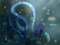 Size: 1280x960 | Tagged: safe, artist:pasu-chan, character:rarity, species:sea serpent, series:noodleverse, g4, alternate universe, female, fish, glowing eyes, hunting, solo, species swap, underwater