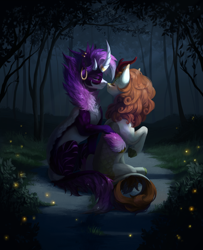Size: 3250x4000 | Tagged: safe, artist:inarimayer, character:autumn blaze, oc, species:kirin, g4, awwtumn blaze, blushing, canon x oc, cloven hooves, colored hooves, cute, ear piercing, eyes closed, female, firefly, forest, high res, hooves, jewelry, kirin oc, lidded eyes, looking at each other, night, non-pony oc, ocbetes, piercing, profile, raised hoof, shipping, sitting, solo, tree, unshorn fetlocks