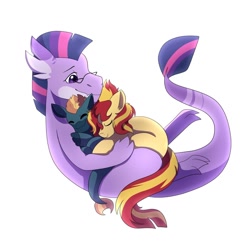 Size: 1280x1280 | Tagged: safe, artist:adgerelli, character:sunset shimmer, character:twilight sparkle, oc, oc:horizon, parent:sunset shimmer, parent:twilight sparkle, parents:sunsetsparkle, species:dragon, species:earth pony, species:kirin, species:pony, series:noodleverse, ship:sunsetsparkle, alternate universe, cuddle puddle, disguised siren, dragoness, dragonified, family, female, hybrid, interspecies, interspecies offspring, kirin oc, magical lesbian spawn, mother, mother and child, non-pony oc, nonbinary, offspring, ponified, shipping, species swap