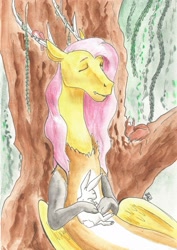 Size: 1280x1811 | Tagged: safe, artist:pasu-chan, character:fluttershy, species:bird, species:draconequus, species:rabbit, series:noodleverse, g4, alternate universe, draconequified, female, painting, sleeping, species swap, squirrel, traditional art, tree, watercolor painting