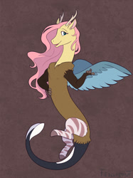 Size: 1280x1712 | Tagged: safe, artist:marstectomy, character:fluttershy, species:draconequus, series:noodleverse, g4, alternate universe, draconequified, female, simple background, solo, species swap