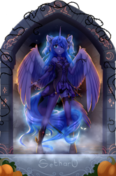 Size: 3250x4890 | Tagged: safe, artist:alrumoon_art, artist:setharu, character:princess luna, species:alicorn, species:anthro, species:unguligrade anthro, g4, boots, bow, bra, breasts, clothing, collaboration, collaboration:nightmare night event (2022), cosplay, costume, dress, explicit source, eyepatch, female, fischl (genshin impact), food, genshin impact, gloves, glowing mane, hair over one eye, holiday, horn, mare, nightmare night, pumpkin, reasonably sized breasts, shoes, simple background, small breasts, solo, transparent background, underwear, wings
