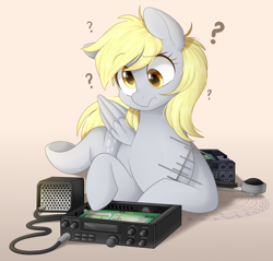 Size: 1200x1146 | Tagged: safe, artist:higgly-chan, character:derpy hooves, species:pegasus, species:pony, g4, antenna, commission, confused, cute, derpabetes, electronics, eyebrows, eyebrows visible through hair, female, gradient background, ham radio, lying down, mare, microphone, prone, question mark, radio, scrunchy face, simple background, solo, speaker, underhoof, wall eyed