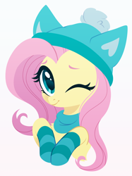 Size: 2248x3000 | Tagged: safe, artist:belka-sempai, character:fluttershy, species:pegasus, species:pony, g4, adorable face, clothing, colored eyebrows, cute, daaaaaaaaaaaw, eyebrows, female, hat, looking at you, mare, one eye closed, shyabetes, simple background, smiling, socks, solo, striped socks, weapons-grade cute, white background, wink, winking at you, winter hat