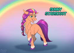 Size: 1400x1006 | Tagged: safe, artist:sunny way, character:sunny starscout, species:earth pony, species:pony, g5, braid, coat markings, colored eyebrows, colored hooves, cute, digital art, eyebrows, female, gradient background, hooves, mare, open mouth, open smile, rainbow, raised hoof, signature, smiling, socks (coat marking), solo, text, three quarter view, unshorn fetlocks