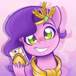 Size: 2048x2048 | Tagged: safe, artist:balychenv, part of a set, character:pipp petals, species:pegasus, species:pony, g5, adorapipp, blushing, bust, cellphone, clothing, cute, female, high res, holding, looking at you, mare, phone, pipp wings, scarf, simple background, smartphone, smiling, solo, unshorn fetlocks