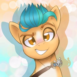 Size: 2048x2048 | Tagged: safe, artist:balychenv, part of a set, character:hitch trailblazer, species:earth pony, species:pony, g5, blaze (coat marking), blushing, bust, cute, hitchbetes, looking at you, male, sheriff, sheriff's badge, simple background, smiling, smiling at you, solo, stallion