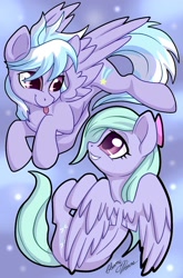 Size: 908x1376 | Tagged: safe, artist:gleamydreams, character:cloudchaser, character:flitter, species:pegasus, species:pony, g4, abstract background, blep, cute, female, flitterbetes, looking at each other, mare, profile, signature, smiling, tongue out