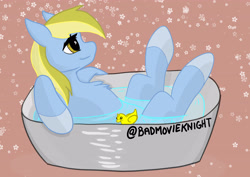 Size: 3496x2480 | Tagged: safe, artist:badmovieknight, oc, oc only, oc:squeaky clean, species:earth pony, species:pony, g4, abstract background, bath, bathtub, chest fluff, colored hooves, cute, female, hooves, mare, ocbetes, profile, rubber duck, smiling, solo, toy