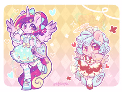Size: 3336x2534 | Tagged: safe, artist:colorfulcolor233, part of a set, character:cozy glow, character:princess cadance, species:alicorn, species:pegasus, species:pony, g4, bow, clothing, commission, decora, dress, duo, duo female, fake halo, fashion, female, filly, hair bow, hairpin, harajuku, heart, hoof shoes, letter, lolita fashion, mare, semi-anthro, shoes, watermark, young