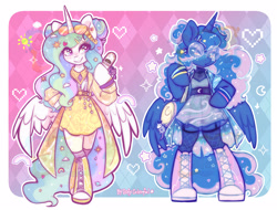 Size: 3336x2534 | Tagged: safe, artist:oofycolorful, part of a set, character:princess celestia, character:princess luna, species:alicorn, species:pony, g4, bag, cellphone, clothing, commission, converse, decora, dress, duffle bag, duo, fashion, female, flip phone, glasses, harajuku, hoof shoes, mare, phone, semi-anthro, shoes, sneakers, watermark