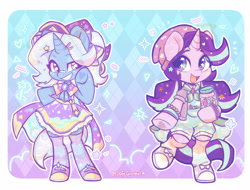 Size: 3336x2534 | Tagged: safe, artist:oofycolorful, part of a set, character:starlight glimmer, character:trixie, species:pony, species:unicorn, g4, bandage, bandaid, bandaid on nose, beanie, bow, bracelet, candy, clothing, commission, converse, cute, decora, diatrixes, duo, fashion, female, food, glimmerbetes, hair bow, harajuku, hat, high res, hoof shoes, horn, jar, jewelry, mare, open mouth, open smile, semi-anthro, shoes, smiling, sneakers, tail, underhoof