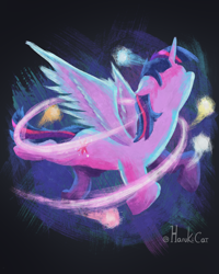 Size: 2000x2500 | Tagged: safe, artist:harukiicat, character:twilight sparkle, character:twilight sparkle (alicorn), species:alicorn, species:pony, g4, abstract background, digital painting, female, flying, mare, painting, signature, solo, spread wings, wings