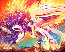 Size: 4500x3600 | Tagged: safe, artist:jadedjynx, character:princess celestia, species:alicorn, species:pony, g4, angry, badass, color porn, eyestrain warning, fanfic art, female, fire, frown, furious, glowing, glowing eyes, gritted teeth, high res, jewelry, magic, mare, regalia, solo, spread wings, teeth, wings