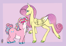 Size: 2039x1446 | Tagged: safe, artist:natt333, derpibooru original, character:fluttershy, character:pinkie pie, species:earth pony, species:pegasus, species:pony, g4, abstract background, alternate design, behaving like a cat, chubby, coat markings, colored eyebrows, colored hooves, colored wings, cute, diapinkes, duo, eyebrows, eyes closed, female, height difference, hooves, mare, multicolored hair, multicolored wings, pale belly, pink background, profile, redesign, shyabetes, signature, simple background, slim, spread wings, two toned wings, unshorn fetlocks, wings