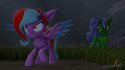 Size: 3840x2160 | Tagged: safe, artist:melodismol, oc, oc:omega(phosphorshy), oc:star beats, species:pegasus, species:pony, species:unicorn, 3d, angry, fangs, glowing, glowing eyes, grass, melodiousphosphor, night, oc x oc, protecting, sharp teeth, shipping, source filmmaker, spread wings, wings, worried