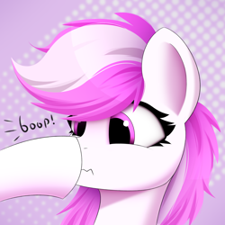 Size: 3000x3000 | Tagged: safe, artist:alexbefest, oc, oc only, species:pegasus, species:pony, g4, abstract background, boop, bust, female, mare, offscreen character, pegasus oc, pink, portrait, scrunchy face, simple background, solo, three quarter view