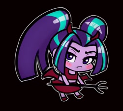 Size: 1125x1022 | Tagged: safe, artist:the-park, character:aria blaze, species:eqg human, g4, my little pony:equestria girls, black background, blushing, chibi, clothing, costume, devil horns, eyebrows, female, frown, halloween, halloween costume, holiday, looking at you, pigtails, shirt, shoes, simple background, skirt, solo, trident, twintails, wings