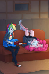 Size: 1280x1920 | Tagged: safe, artist:verumtee, character:pinkie pie, character:rainbow dash, species:eqg human, fanfic:playing house, series:who we become, g4, couch, fanfic art, female, guitar, musical instrument, upside down