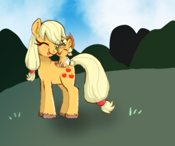 Size: 586x488 | Tagged: dead source, safe, artist:princessoftomatoes, character:applejack, species:pony, g4, babyjack, colored hooves, eye clipping through hair, female, filly, hatless, hooves, mare, missing accessory, ponidox, self adoption, self paradox, self ponidox, three quarter view, time paradox, tongue out, unshorn fetlocks, young, younger