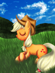 Size: 1694x2226 | Tagged: safe, artist:princessoftomatoes, character:applejack, species:earth pony, species:pony, g4, cloud, cute, eyes closed, female, freckles, grass, grass field, jackabetes, lying down, mare, profile, prone, sky, smiling, solo