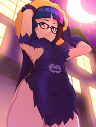 Size: 1200x1600 | Tagged: safe, artist:rockset, character:twilight sparkle, character:twilight sparkle (scitwi), species:eqg human, species:human, g4, armpits, belt, clothing, costume, explicit source, female, glasses, halloween, halloween costume, hat, holiday, humanized, looking at you, looking down at you, moon, night, outdoors, solo, species swap