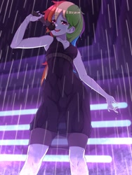 Size: 1200x1600 | Tagged: safe, artist:rockset, character:rainbow dash, species:eqg human, g4, black dress, blushing, clothing, colored eyebrows, commission, dress, explicit source, eyebrows, eyebrows visible through hair, eyelashes, female, little black dress, microphone, rain, singing, singing in the rain, solo
