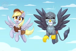Size: 4096x2731 | Tagged: safe, artist:confetticakez, character:derpy hooves, character:gabby, species:griffon, species:pegasus, species:pony, newbie artist training grounds, g4, atg 2021, bag, clothing, cute, derpabetes, duo, duo female, eyes closed, female, flying, gabbybetes, hat, high res, mailbag, mailmare, mare, open mouth, open smile, saddle bag, shirt, sky background, smiling