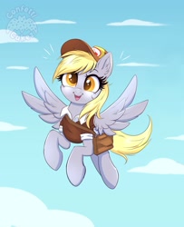 Size: 3253x4000 | Tagged: safe, alternate version, artist:confetticakez, character:derpy hooves, species:pegasus, species:pony, newbie artist training grounds, g4, bag, clothing, cute, derpabetes, female, flying, hat, high res, mailbag, mailmare, mare, open mouth, open smile, saddle bag, shirt, sky background, smiling, solo