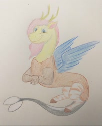 Size: 2448x3019 | Tagged: safe, artist:hoofclid, character:fluttershy, species:draconequus, series:noodleverse, g4, alternate universe, colored pencils, female, solo, species swap