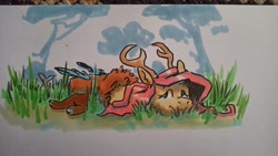 Size: 4624x2600 | Tagged: safe, artist:pasu-chan, manebooru original, character:fluttershy, species:draconequus, series:noodleverse, g4, alternate universe, female, grass, lying down, marker drawing, species swap, traditional art