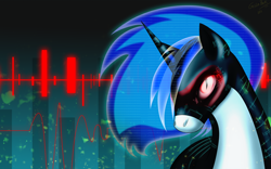 Size: 2600x1620 | Tagged: safe, artist:giuliabeck, character:dj pon-3, character:vinyl scratch, species:pony, species:unicorn, g4, abstract background, bust, corrupted, female, mare, nightmarified, signature, slit pupils, solo
