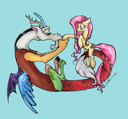 Size: 1024x950 | Tagged: safe, artist:meilaifong, character:discord, character:fluttershy, species:draconequus, species:pegasus, species:pony, ship:discoshy, g4, blue background, female, hoof kissing, male, mare, profile, shipping, signature, simple background, straight, wingless