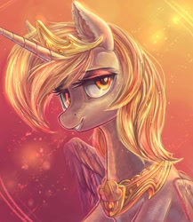 Size: 1200x1382 | Tagged: safe, artist:fly-gray, character:derpy hooves, species:alicorn, species:pony, g4, abstract background, alicornified, bust, crown, derpicorn, female, jewelry, lidded eyes, looking at you, mare, necklace, peytral, portrait, princess derpy, race swap, regalia, smiling, solo, three quarter view, tiara