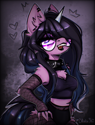 Size: 2480x3266 | Tagged: safe, artist:drakekok, character:izzy moonbow, species:anthro, species:unicorn, g5, black lipstick, breasts, choker, cleavage fluff, clothing, collar, ear piercing, female, fishnets, glasses, goth, goth izzy, gradient hair, jewelry, lipstick, makeup, mare, midriff, multicolored hair, necklace, piercing, shoulder fluff, signature, socks, solo, spiked choker, spiked collar, stockings, thigh highs, thighs