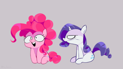 Size: 3840x2160 | Tagged: safe, alternate version, artist:lentin, character:pinkie pie, character:rarity, species:earth pony, species:pony, species:unicorn, g4, duo, female, gray background, horn, mare, open mouth, profile, simple background, sitting