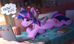 Size: 2530x1515 | Tagged: safe, artist:yakovlev-vad, character:twilight sparkle, character:twilight sparkle (alicorn), species:alicorn, species:pony, g4, bed, bedroom, bedroom eyes, blanket, book, colored, computer, cute, earbuds, eyebrows, eyebrows visible through hair, female, folded wings, food, heart, indoors, laptop computer, lying down, mare, now kiss, on bed, pillow, plushie, popcorn, prone, shark, shark plushie, shipper on deck, slim, smiling, smirk, solo, thought bubble, three quarter view, toy, twiabetes, twilight the shipper, wings