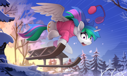 Size: 2500x1504 | Tagged: safe, artist:yakovlev-vad, character:princess celestia, species:alicorn, species:pony, g4, clothing, earmuffs, eye clipping through hair, female, forest, mare, open mouth, snow, spread wings, sweater, this will end in pain, wings, winter