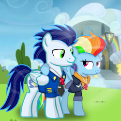 Size: 900x900 | Tagged: safe, artist:mlplary6, character:rainbow dash, character:soarin', species:pegasus, species:pony, ship:soarindash, g4, clothing, female, hoof on shoulder, looking at each other, looking at someone, male, mare, older, older rainbow dash, older soarin', rainbow dash's coaching whistle, shipping, smiling, smiling at each other, stallion, straight, uniform, whistle, whistle necklace, wonderbolts dress uniform