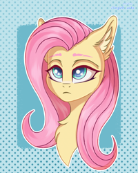 Size: 2700x3375 | Tagged: safe, artist:ingolf arts, character:fluttershy, species:pegasus, species:pony, g4, abstract background, blue background, chest fluff, colored eyebrows, cute, ear fluff, eyebrows, female, floppy ears, frown, high res, looking at you, mare, serious, serious face, shyabetes, simple background, solo