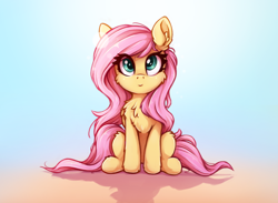 Size: 934x685 | Tagged: safe, artist:zeepheru_pone, character:fluttershy, species:pegasus, species:pony, g4, cheek fluff, chest fluff, cute, ear fluff, eye clipping through hair, female, fluffy, front view, full face view, gradient background, looking at you, looking up, looking up at you, mare, shyabetes, simple background, sitting, smiling, solo, tail